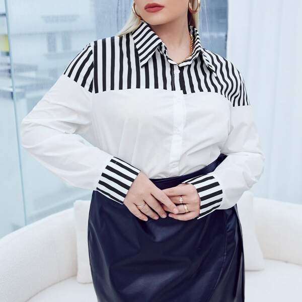 

Plus Striped Button Front Blouse, Black and white