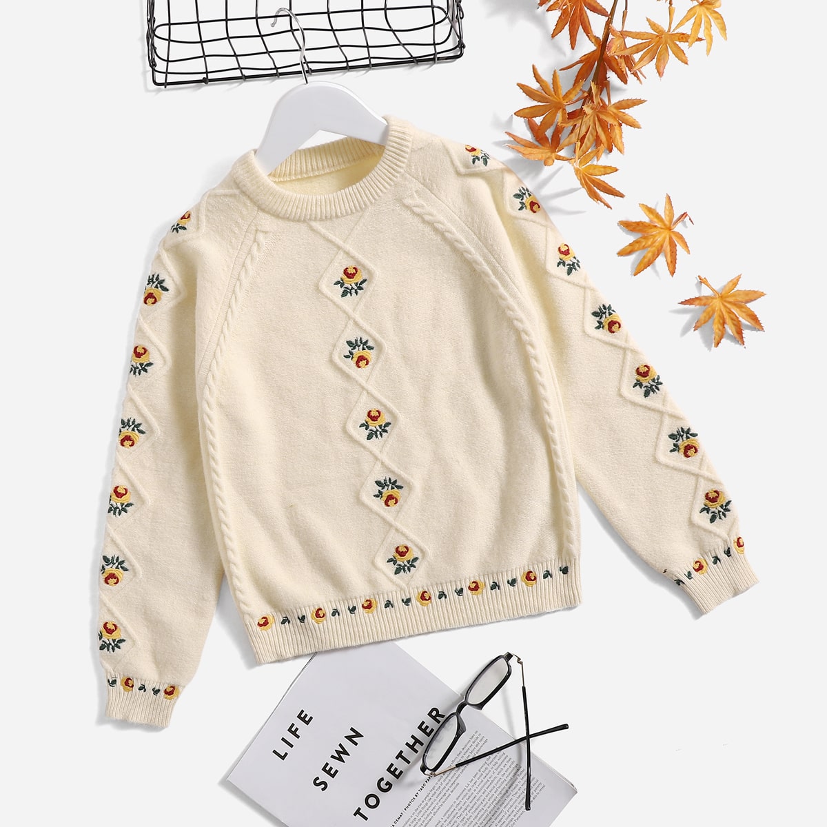 для девочек Свитер с цветочной вышивкой вязаный с рукавом-реглан