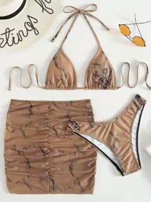 Swim Vcay Summer Beach 3packs Marble Print Micro Triangle Bikini & Beach Skirt - Multicolor - View 6