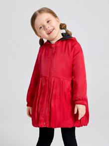 SHEIN Toddler Girls Hooded Drop Shoulder Zipper Coat - Red - View 4