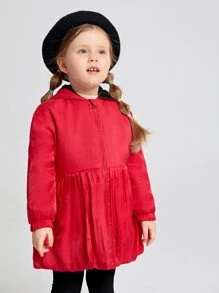 SHEIN Toddler Girls Hooded Drop Shoulder Zipper Coat - Red - View 5