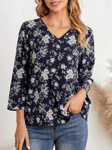 EMERY ROSE Áo sơ mi nữ mùa hè in hoa cổ chữ V tay 3/4 rộng rãi thường ngày Áo sơ mi nữ mùa thu Quần áo giáo viên Trang phục đi chơi, Áo dài tay - Nhiều màu - Xem 1