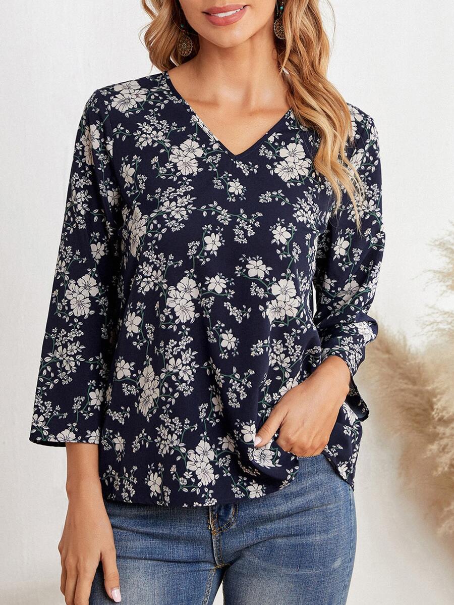 EMERY ROSE Áo sơ mi nữ mùa hè in hoa cổ chữ V tay 3/4 rộng rãi thường ngày Áo sơ mi nữ mùa thu Quần áo giáo viên Trang phục đi chơi, Áo dài tay - Nhiều màu - Xem 1