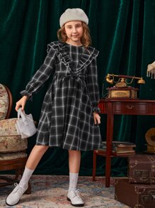 SHEIN 女孩格紋荷葉邊荷葉袖繫腰帶洋裝