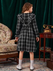 SHEIN 女孩格紋荷葉邊荷葉袖繫腰帶洋裝