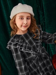 SHEIN 女孩格紋荷葉邊荷葉袖繫腰帶洋裝