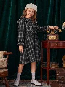 SHEIN 女孩格紋荷葉邊荷葉袖繫腰帶洋裝