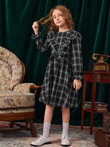SHEIN 女孩格紋荷葉邊荷葉袖繫腰帶洋裝