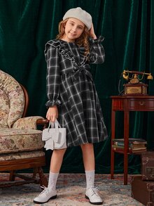 SHEIN 女孩格紋荷葉邊荷葉袖繫腰帶洋裝