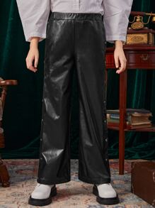 SHEIN Girls High Waist Button Side PU Leather Trousers - Black - View 4