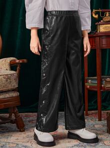 SHEIN Girls High Waist Button Side PU Leather Trousers - Black - View 1