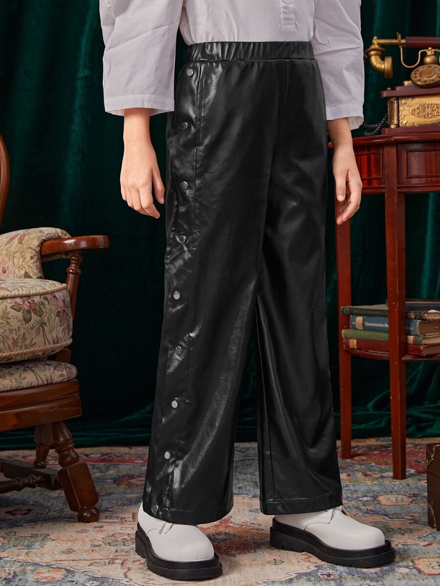 SHEIN Girls High Waist Button Side PU Leather Trousers - Black - View 1