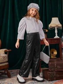 SHEIN Girls High Waist Button Side PU Leather Trousers - Black - View 6