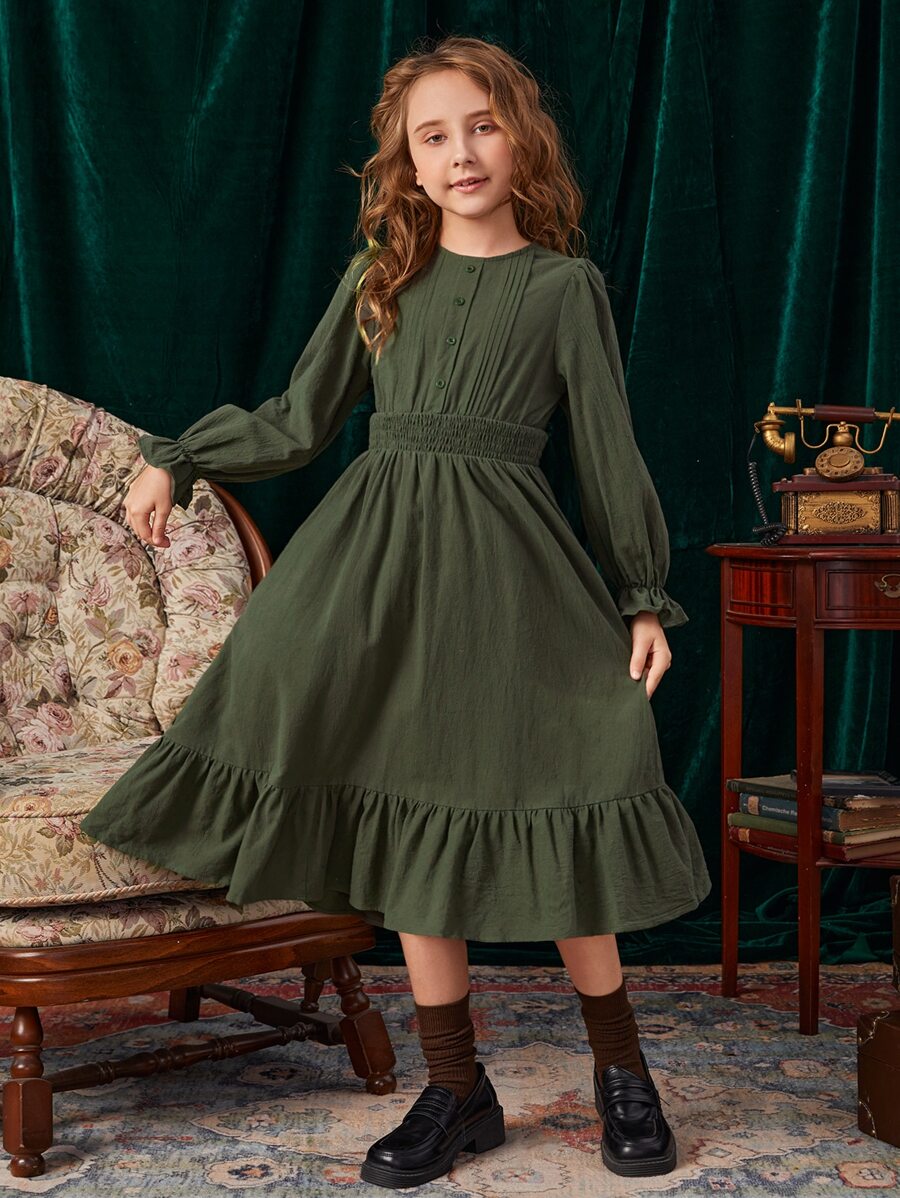 SHEIN Girls Keyhole Back Shirred Waist Flounce Sleeve Ruffle Hem Dress - Army Green - View 1
