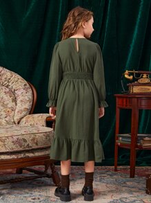 SHEIN Girls Keyhole Back Shirred Waist Flounce Sleeve Ruffle Hem Dress - Army Green - View 2