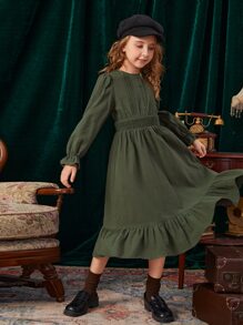 SHEIN Girls Keyhole Back Shirred Waist Flounce Sleeve Ruffle Hem Dress - Army Green - View 3
