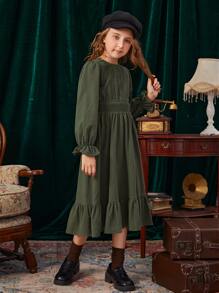 SHEIN Girls Keyhole Back Shirred Waist Flounce Sleeve Ruffle Hem Dress - Army Green - View 4