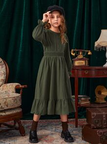 SHEIN Girls Keyhole Back Shirred Waist Flounce Sleeve Ruffle Hem Dress - Army Green - View 5