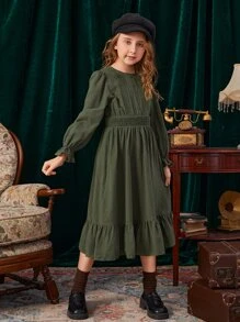 SHEIN Girls Keyhole Back Shirred Waist Flounce Sleeve Ruffle Hem Dress - Army Green - View 6