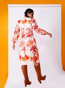 SHEIN VCAY Coconut Tree Print Knot Front Wrap Dress - Multicolor - View 2