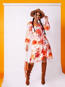 SHEIN VCAY Coconut Tree Print Knot Front Wrap Dress - Multicolor - View 4