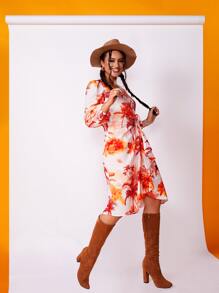 SHEIN VCAY Coconut Tree Print Knot Front Wrap Dress - Multicolor - View 5