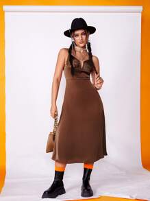 SHEIN Unity V Wired Bustier Satin Cami Dress - Chocolate Brown - View 1