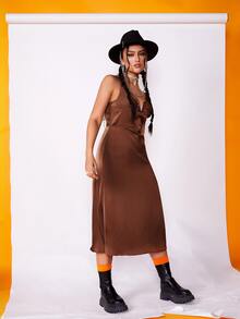 SHEIN Unity V Wired Bustier Satin Cami Dress - Chocolate Brown - View 5