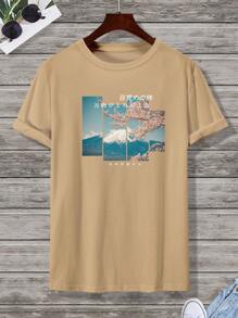 Manfinity 男士日文圖案和印花T恤 - 卡其色 - 查看 1