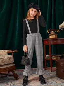 SHEIN 女孩格紋荷葉邊下擺背帶不帶上衣長褲