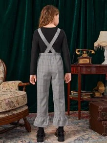 SHEIN 女孩格紋荷葉邊下擺背帶不帶上衣長褲