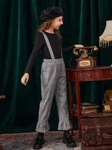 SHEIN 女孩格紋荷葉邊下擺背帶不帶上衣長褲