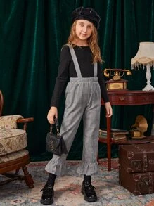 SHEIN 女孩格紋荷葉邊下擺背帶不帶上衣長褲