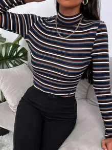 Slaydiva Colorful Striped Turtleneck Long-Sleeved Tight T-Shirt
