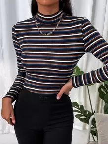 Slaydiva Colorful Striped Turtleneck Long-Sleeved Tight T-Shirt