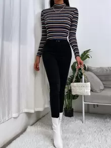 Slaydiva Colorful Striped Turtleneck Long-Sleeved Tight T-Shirt