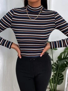 Slaydiva Colorful Striped Turtleneck Long-Sleeved Tight T-Shirt