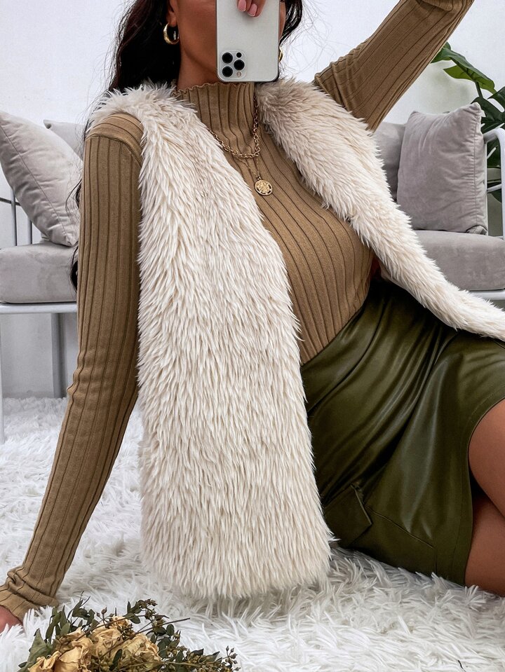 Open Front Fuzzy Vest Coat SHEIN