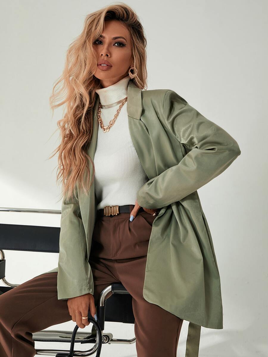 斜插口袋後背開叉腰帶西裝外套 - 綠色 - 查看 1