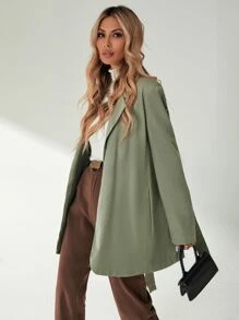 斜插口袋後背開叉腰帶西裝外套 - 綠色 - 查看 4