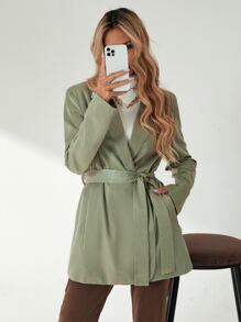 斜插口袋後背開叉腰帶西裝外套 - 綠色 - 查看 5