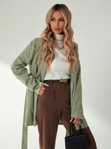 斜插口袋後背開叉腰帶西裝外套 - 綠色 - 查看 6