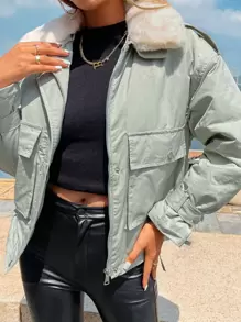 休闲撞色毛领夹棉大衣冬装 - 薄荷綠 - 查看 1