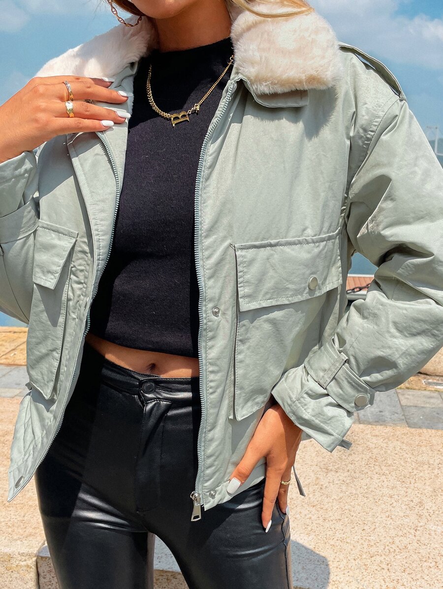 休闲撞色毛领夹棉大衣冬装 - 薄荷綠 - 查看 1