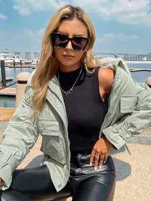 休闲撞色毛领夹棉大衣冬装 - 薄荷綠 - 查看 4