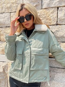 休闲撞色毛领夹棉大衣冬装 - 薄荷綠 - 查看 6