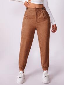 SHEIN EZwear 素色拉鏈門襟束腳褲 - 鏽棕色 - 查看 1