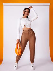 SHEIN EZwear 素色拉鏈門襟束腳褲 - 鏽棕色 - 查看 3