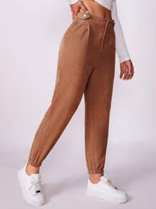 SHEIN EZwear 素色拉鏈門襟束腳褲 - 鏽棕色 - 查看 5