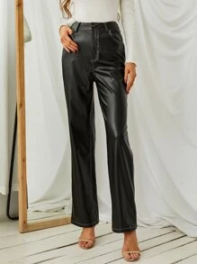 High Waist PU Leather Straight Leg Trousers - Black - View 1